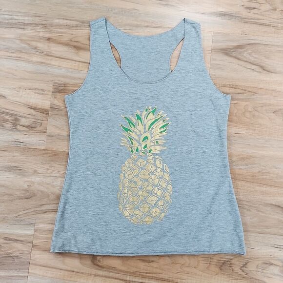 🔹️🔺️Gray Racerback w/Metallic Gold Print Pineapple Tanktop Medium - Picture 1 of 10